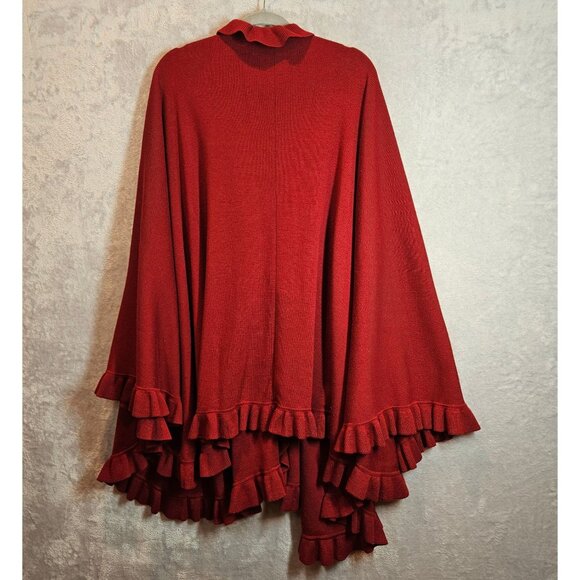 Georciou Womens Wool blend Red Ruffled Knit Cape Shawl tight knit elegant office - Picture 2 of 9